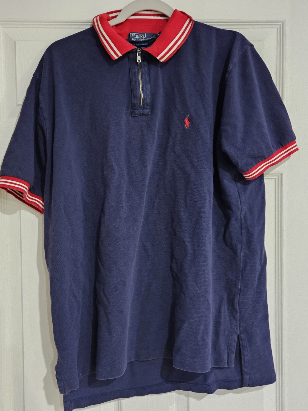 Vintage Polo Ralph Lauren Men's L Polo Shirt 1/4 Zip Navy Blue & Red Pony Logo